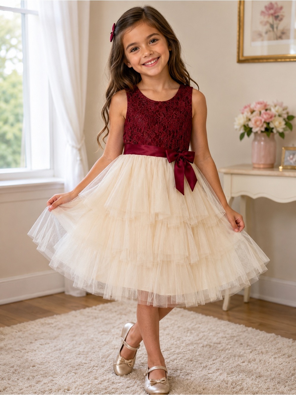 American Princess Burgundy Lace Bodice with Cream Tulle Tiered Skirt